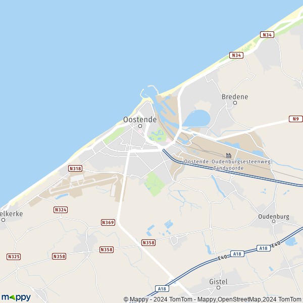 De kaart voor de stad 8400-8450 Oostende